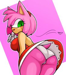 1girls amy_rose ass big_ass blush dress female furry furry_female gloves green_eyes hairband hedgehog_girl leaf nervous_smile nervous_sweat panties pink_body sega sonic_(series) sonic_the_hedgehog_(series) tail