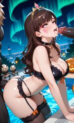 1girls ai_generated anthro aurora breasts brown_eyes brown_hair brunette_female brunette_hair cumshot d.va dark-skinned_male female genshin_impact giant_penis group group_sex halloween halloween_costume halloween_theme hilichurls_(species) lingerie long_hair male multiple_males multiple_penises outdoors overwatch penis pool poolside pretty size_difference stockings wavy_hair
