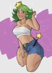 1girls big_breasts breasts bush carpet_matching_drapes cosmo crown fairy fairy_wings female female_only genderswap_(mtf) green_eyes green_hair green_pubic_hair jean_shorts md34 nipple_bulge pubic_hair rule_63 short_hair smile smiling the_fairly_oddparents thighs tubetop wand white_shirt