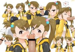 ... 1boy 2girls bar_censor blush brown_eyes brown_hair censored closed_eyes collaborative_fellatio cum ejaculation erection fellatio futami_ami futami_mami glansjob hair_bobbles hair_ornament highres idolmaster idolmaster_(classic) jacket kim_da-yoon licking licking_penis long_hair long_sleeves looking_at_viewer multiple_fellatio multiple_girls multiple_handjob open_mouth oral penis penis_awe philipposter precum projectile_cum shimaidon shimaidon_futago siblings side_ponytail simple_background sisters spoken_ellipsis straight teamwork tongue tongue_out twins w white_background