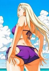 1girls accurate_art_style adjusting_swimsuit ai_generated beach big_breasts bikini bikini_bottom bikini_top blonde_female blonde_hair blue_eyes blush blush_lines breasts curvy curvy_female curvy_figure exposed_ass eyelashes female from_behind from_below hair hair_down hair_ornament hair_over_one_eye ino_yamanaka light-skinned_female light_blue_eyes light_skin looking_at_viewer manga_style masashi_kishimoto_style midriff naruto naruto:_the_last naruto_(series) naruto_shippuden navel ocean outdoors paipan pale-skinned_female pale_skin pinup presenting_ass purple_bikini pussy sea seaside swimsuit thick_thighs thigh_gap thighs toned toned_female underboob undressing very_long_hair wet wet_body wet_hair white_skin ㅇㅇ