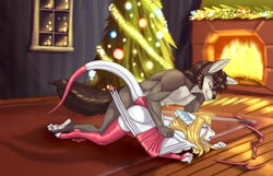 absurd_res all_fours ambiguous_penetration anthro ascord ass bandage breasts canid canine canis christmas clothing comic doggy_style dragon dreyk-daro duo female female_penetrated from_behind_position fur genitals gift hi_res holidays legwear lying male male_penetrating male_penetrating_female mammal on_back paws penetration plant pussy ribbons scalie sex stockings straight tree wings wolf