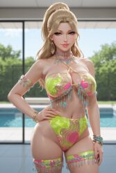 ai_generated arm_band beautiful blonde_hair criss-cross_halter earrings fluorescent glamour greenery halter_bikini hand_on_hip ponytail poolside rgomez007 stable_diffusion swimsuit thigh_strap