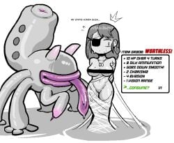 1girls 2025 anus beauty_mark covered_nipples dialogue dogtags ear_tag eyepatch female imminent_death imminent_vore licking medium_hair mole_on_breast monster peril pussy scar spider spider_web stats stuck sweat valmar web wide_hips