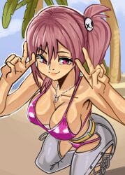 1girls asian asian_female beach belt big_breasts bikini blush breasts chaps cleavage collarbone commission commissioner_upload dead_or_alive dead_or_alive_xtreme_venus_vacation denim eyes_half_open female hair_ornament heart_belt_buckle heart_necklace highres honoka_(doa) large_breasts moxydraws moxydrawsmore necklace palm_tree pink_hair purple_bikini purple_swimsuit sand second-party_source side-tie_pants side_ponytail skull_hair_ornament sky smile solo swimsuit thick_thighs v_sign white_outline wide_hips yellow_belt
