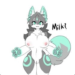 1:1 animated big_breasts blue_eyes breasts female fur furry grey_body grey_fur grey_hair hair huge_breasts humanoid kemono long_hair long_tail milk qavc solo tail