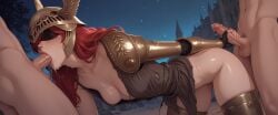1girls 2boys 2boys1girl ai_generated ass blindfold blowjob cleavage clothed elden_ring handjob light_skin long_hair malenia_blade_of_miquella penis reaching_back red_hair saliva saliva_string saliva_trail side_view spitroast threesome