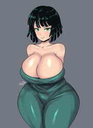 1girls arms_behind_back artist_name big_breasts blush breasts curvy_figure dress eye_contact female fubuki_(one-punch_man) green_eyes grey_background huge_breasts large_breasts looking_at_viewer one-punch_man short_hair standing voluptuous wide_hips zeriie