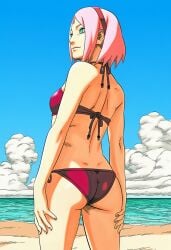 1girls accurate_art_style ai_generated ass ass_crack ass_focus back_muscles bare_back bare_shoulders bare_thighs big_ass big_breasts bikini bikini_bottom bikini_top blush bob_cut boruto:_naruto_next_generations breasts bubble_ass bubble_butt butt_crack facial_mark female female_only forehead_mark from_behind green_eyes grin hairband light-skinned_female light_skin looking_at_viewer looking_back looking_back_at_viewer manga_style masashi_kishimoto_style milf muscles naruto naruto_(series) outdoors parted_bangs pinup pose posing posing_for_the_viewer presenting presenting_ass presenting_hindquarters rear_view red_hairband revealing_swimsuit sakura_haruno shiny shiny_hair shiny_skin short_hair skimpy skimpy_bikini smile thighs viewed_from_behind water ㅇㅇ