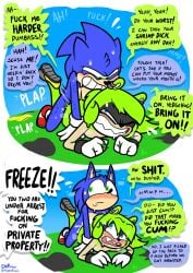 1boy 1girls 2d afrosoricid annoyed anthro arrested arresting belly bite_mark blue_body blue_eyes blue_fur blue_quills blush blush_lines bodily_fluids bracelet brown_arms brown_chest brown_mouth caught caught_in_the_act clothing comic competitive_sex creampie cum cum_in_pussy cum_in_vagina cum_inside duo ear_piercing ejaculation english_text eulipotyphlan exhibitionism female footwear full_body fur genital_fluids gloves green_body green_eyes green_fur green_hair hair handwear hate_sex hedgehog hi_res idw_comics idw_publishing insulting_partner jewelry male mammal moan mobian mobian_(species) mobian_tenrec onomatopoeia outside partially_clothed_anthro partially_clothed_female partially_clothed_male penis piercing plap plapping police pounding prone_bone public public_indecency public_nudity public_sex quills_(anatomy) red_clothing red_footwear red_shoes sega sex sharp_teeth shoes small_penis_humiliation sonic_(series) sonic_the_hedgehog sonic_the_hedgehog_(comics) sonic_the_hedgehog_(idw) sonic_the_hedgehog_(series) sound_effects speech_bubble surge_the_tenrec sweat tan_belly tan_mouth teeth tenrec text theenfman tomboy unwanted_creampie white_clothing white_gloves white_handwear yellow_clothing yellow_footwear yellow_shoes