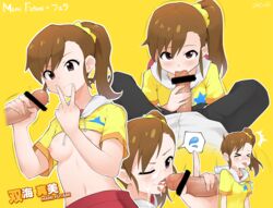 >_< 1boy 1girls bar_censor breasts brown_eyes brown_hair censored character_name closed_mouth clothed clothing cum cum_in_mouth cum_on_tongue duo erection facial fellatio female female_focus futami_mami handjob human idolmaster idolmaster_(classic) kim_da-yoon long_hair nipples one_eye_closed open_mouth oral outline pale_skin partially_clothed penis philipposter short_sleeves side_ponytail simple_background solo_focus spoken_sweatdrop straight sweatdrop tongue tongue_out v yellow_background