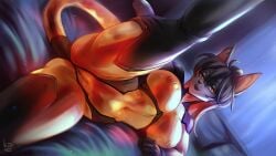 anime anthro big_breasts bodily_fluids breasts cat_tail cyber_(disambiguation) cyber_cat cybernetics cyberpunk digital_media_(artwork) domestic_cat felid feline felis female fetish food fur genital_fluids genitals hyper jelly_(food) leonileo looking_at_viewer machine mammal nude nude_anthro nude_female orange orange_body orange_fur pinup pose pussy sex slime slippery smile solo tail translucent vaginal_penetration vulva yellow_body