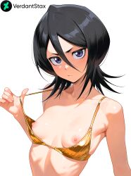 1girls absurd_res ai_generated bleach bra_pull breasts female flashing flashing_breasts highres kuchiki_rukia looking_at_viewer nipples small_breasts solo tagme upper_body white_background