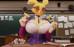 3d_(artwork) anthro bandai_namco big_breasts blender_(artwork) blue_eyes breasts captainflapcats cleavage clothed clothing digi_(yourdigimongirl) digimon digimon_(species) digital_media_(artwork) english_description eyewear female figurine glasses hi_res huge_breasts inside looking_at_viewer mayosplash object_between_breasts renamon solo vllrukkin warhammer_(franchise) wearing_glasses yellow_body