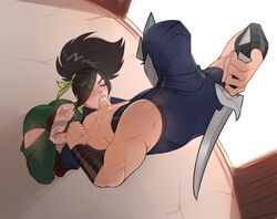 1boy 1girls akali blowjob clothed clothed_sex dark_hair eyes_closed fellatio female hand_holding ilewdha kneeling league_of_legends male/female masked_male muscular_male saliva saliva_on_penis shen tattoo weapon