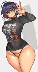 2d 2d_(artwork) 2d_artwork ass belle_(zenless_zone_zero) blue_hair blush blush_lines blushing breasts earring earrings female hair hairpin kelvin_hiu lips looking_at_viewer panties shirt smile smiling smiling_at_viewer sweater thick thick_legs thick_thighs v_sign zenless_zone_zero