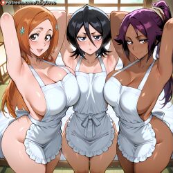 3girls ai_generated apron apron_only armpit armpits arms_up ass bare_ass bare_legs big_breasts black_eyes black_hair bleach bleach:_the_thousand-year_blood_war blush bottomless bottomless_female breasts dark-skinned_female dark_skin female female_only huge_breasts inoue_orihime kuchiki_rukia lay-oreo light-skinned_female medium_breasts multiple_females multiple_girls open_mouth orange_hair patreon patreon_reward purple_hair seductive seductive_look seductive_smile sexy sexy_body shihouin_yoruichi shy small_breasts standing tagme thick thick_ass thick_thighs thighs