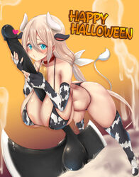 2020 animal_humanoid animal_print areola areola_slip axe big_breasts black_eyebrows blonde_hair blush boots bovid bovid_humanoid bovine bovine_humanoid breasts cattle_humanoid clothed clothing collar cow_print dildo english_text eyebrow_through_hair eyebrows female footwear gradient_background hair halloween hi_res holidays horn humanoid humanoid_dildo humanoid_ears legwear mammal mammal_humanoid melee_weapon mitsuru_(madeinore) nipple_outline ponytail selene_(mitsuru) sex_toy simple_background skimpy skimpy_bikini sleeves solo standing teal_eyes text thigh_boots thigh_highs translucent translucent_hair weapon white_tail