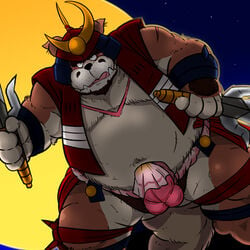 1:1 2007 anthro asian_clothing balls belly bulge canid canine canis clothing domestic_dog east_asian_clothing fundoshi furry genitals hat headgear headwear invincible_super_man_zambot_3 japanese_clothing kemono low_res male mammal melee_weapon norataro overweight overweight_anthro overweight_male penis solo sword underwear weapon