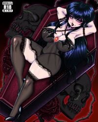 1girls 2024 big_breasts black_hair blue_eyes breasts coffin elvira elvira:_mistress_of_the_dark eyeshadow female female_only goth grin grinning_at_viewer halloween hands_behind_head heels hi_res invdrcls lingerie long_hair looking_at_viewer lying lying_on_back makeup narrowed_eyes red_lipstick smiling smiling_at_viewer solo stockings thick_thighs