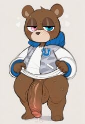 1boy 1male ai ai-created ai_art ai_generated balls bear black_nose blush blush_lines blushing brown_body brown_fur brown_skin dropout_bear dropout_bear_enjoyer graduation_(album) half-closed_eyes huge_cock huge_penis jacket jacket_only kanye_west_(copyright) large_penis long_penis looking_at_viewer looking_down no_pants novelai precum precum_drip precum_on_penis precum_string presenting presenting_balls presenting_penis presenting_testicles steam steamy_breath sweat sweatdrop sweating sweaty testicles vein veins veiny veiny_penis