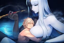 1boy 1boy1girl 1girls ai_art ai_generated bathing big_breasts blonde_hair blue_eyes blue_mage cuddling dark-skinned_female dark_skin eyes_closed fair_skin fair_skinned_male fan_character final_fantasy final_fantasy_xiv giantess gray_eyes head_between_breasts height_difference hot_spring hug huge_breasts hugging no_sex novelai nude nude_female nude_male pale-skinned_female pale_skin primal_(final_fantasy) rabbit_ears size_difference smoking smoking_pipe straight tsukuyomi_(ffxiv) two_tone_body yotsuyu_(final_fantasy_xiv) zafiro_(final_fantasy)