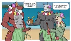 abs aggron anthro anton_o'moore beach belly beverage biceps big_muscles biped blush blush_lines bottomwear breloom clothed clothing coconut coconut_drink curtis_sara_taylor dancing dialogue drupe_(fruit) erect_nipples erection erection_through_clothing erection_under_skirt exhibitionism eyebrows flower_on_head food fossil_pokemon fruit garland generation_3_pokemon generation_6_pokemon grass_skirt green_body green_scales grey_body grey_scales group hand_on_hip hawaiian hi_res hula hula_dancer hula_dancing hunter-husky lei luau male male/male mature_male musclegut muscles muscular muscular_male navel nervous nintendo nipples open_mouth plant pokemon pokemon_(species) pupils red_body red_scales sand scales scalie sea sexual_tension shoreline skirt snout speech_bubble spikes spikes_(anatomy) strength tail teeth tongue topless topless_anthro topless_male trenton_liddle triceps trio twunk tyrantrum ventral_scales wardrobe_malfunction water white_sclera yellow_sclera