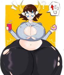 1girls 2d angry animal_ears ass big_ass big_breasts big_butt big_thighs black_pants blush breasts breasts_exposed brenda_(slsisra) brown_hair button button_down_shirt button_gap button_shirt cleavage dialogue_bubble drink embarrassed female female_only food horns large_breasts looking_down motion_lines original question_mark ripped_clothing ripped_pants short_hair slsisra sweating sweaty tagme text thick_ass thick_butt thick_thighs thighs wide_hips