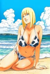 1girls accurate_art_style ai_generated animal_print animal_print_bikini beach big_breasts bikini bikini_bottom bikini_top blonde_hair blue_eyes blunt_bangs blush bob_cut breast_focus breasts breasts_out busty cleavage cowprint cowprint_bikini exposed_breasts female female_only fishnets flashing_breasts huge_breasts large_breasts long_hair manga_style masashi_kishimoto_style mature mature_female midriff milf naruto naruto_(series) naruto_shippuden nipples ocean oppai outdoors parted_lips pinup pose posing pulled_by_self revealing_swimsuit samui seaside seducing seductive seductive_eyes seductive_look seductive_mouth shore short_hair sitting skimpy skimpy_bikini solo solo_focus swimsuit upper_body voluptuous voluptuous_female ㅇㅇ