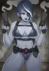 1girls 2021 alternate_version_available belt belt_buckle big_breasts bikini black_clothing black_gloves black_hair black_lips blue_eyes breasts cameltoe cleavage dark_hair domino_(marvel) dual_wielding female female_only gloves grenade grey_skin gun guns homo_superior large_breasts lipstick marvel marvel_comics monolithic-sloth multicolored_hair mutant neena_thurman pale_skin partially_clothed pinup pussy short_hair skin_tight solo solo_female thick thick_thighs thighs thong tight_clothing tight_fit weapon white_hair white_skin x-force x-men