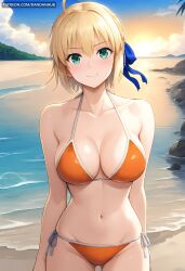 1girls ahoge ai_generated artoria_pendragon ass_visible_through_thighs bangs bare_shoulders beach big_breasts bikini blonde_hair blue_ribbon blush breasts cleavage closed_mouth cloud collarbone cowboy_shot dandanhub day fate/grand_order fate/stay_night fate/zero fate_(series) female female_only green_eyes hair_ribbon halterneck large_breasts light-skinned_female looking_at_viewer medium_breasts navel ocean orange_bikini outdoors ribbon saber short_hair side-tie_bikini_bottom sky smile solo swimsuit water