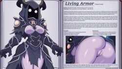 16:9 anus anus_peek armor armored_female ass bent_over big_ass breasts clothed clothed_female dialogue duo english_text faceless_female female female_focus female_humanoid functionally_nude functionally_nude_female genitals glowing_eyes golem hi_res hidden_face hourglass_figure humanoid humanoid_genitalia living_armor looking_at_viewer looking_back looking_back_at_viewer medium_breasts presenting presenting_ass presenting_hindquarters pussy sweat sweatdrop text twisted_encyclopedia twistedscarlett60 url widescreen