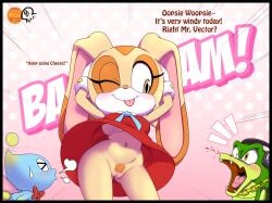 2026 aged_up anthro ass blaski blood blue_body blue_skin blush blush_lines bodily_fluids breasts brown_nose butt_from_the_front chain_necklace chao_(sonic) cheese_the_chao clothed clothing cream_the_rabbit crocodile crocodilian dress electronics english_text eyelashes female fur genitals gloves green_body green_scales group hands_behind_head handwear headphones hi_res innie_vulva jewelry lagomorph leporid long_ears male mammal medium_breasts navel necklace nosebleed one_eye_closed orange_eyes pink_inner_ear pink_tongue pink_wings pose pubes pupils rabbit reptile scales scalie sega sharp_teeth signature sonic_(series) sonic_the_hedgehog_(series) standing tan_body tan_ears tan_fur teeth text tongue tongue_out trio under_boob upskirt vector_the_crocodile vulva white_body white_clothing white_fur white_gloves white_handwear wide_hips wings wink zeta_r-02