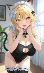 1girls 3:5 ai_generated alternate_costume animal_ear_fluff animal_ears bed bedroom bell_collar big_ass big_breasts big_butt big_thighs blonde_female blonde_hair cat_ears cat_girl cat_tail catgirl cleavage_cutout curtains detached_collar female female_only flower_in_hair genshin_impact hair_ornament indoors leaning leaning_forward leotard looking_at_viewer lumine_(genshin_impact) maid_headdress mature_female medium_hair mouth_open navel_outline potted_plant solo source_request thick_ass thick_hips thick_legs thick_thighs thighhighs wooden_floor yellow_eyes
