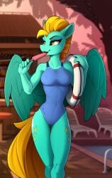 2019 5_fingers anthro areola blonde_hair breasts buoy clothed clothing cutie_mark digital_media_(artwork) equid equine feathered_wings feathers female fingers food friendship_is_magic hasbro hi_res licking life_ring lightning_dust_(mlp) long_legs long_torso mammal my_little_pony mythological_creature mythological_equine mythology nipples one-piece_swimsuit open_mouth pegasus popsicle small_waist smile solo sport_swimsuit standing swim_ring swimming_pool swimwear thigh_gap tongue tongue_out translucent translucent_clothing wings yakovlev-vad yellow_eyes