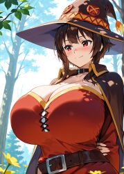 1girls ai_generated alternate_ass_size alternate_body_type alternate_breast_size beautiful beautiful_girl beauty below_view body_modification breasts breasts_bigger_than_head cleavage clothed clothing elisabeth_cheria female female_focus female_only forest from_below gigantic_breasts hat huge_breasts hyper hyper_breasts kono_subarashii_sekai_ni_shukufuku_wo! konosuba large_breasts light light-skinned_female megumin mommy mommy_milkers open_clothes open_eyes solo solo_female solo_focus sorceress stretched_clothing tight_clothing tree trees