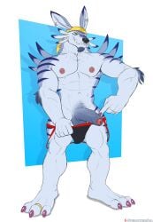 3_toes 5_fingers abs anthro areola arm_tuft artist_name balls bandai_namco barazoku beard biceps big_muscles big_penis biped black_clothing black_jockstrap black_nose black_underwear blue_body blue_fur blue_stripes canid canine claws closed_smile clothed clothing deltoids digimon digimon_(species) digit_ring digital_drawing_(artwork) digital_media_(artwork) dipstick_ears drop_shadow ear_markings ear_piercing ear_ring elbow_tuft erection facial_hair facial_piercing fangs feet finger_claws finger_ring fingers flat_colors foreskin front_view full-length_portrait fur gauged_ear genitals gesture glans gold_ring grey_balls grey_beard grey_body grey_facial_hair grey_fur grey_penis hand_gesture headgear headkerchief headwear hi_res humanoid_genitalia humanoid_hands humanoid_penis jewelry jockstrap jockstrap_down kerchief looking_at_viewer male male_anthro male_only manly mouth_closed multicolored_body multicolored_clothing multicolored_ears multicolored_fur multicolored_jockstrap multicolored_underwear muscles muscular muscular_anthro muscular_male narrowed_eyes navel nipples nose_piercing nose_ring overbite partially_clothed partially_clothed_anthro partially_clothed_male partially_retracted_foreskin patreon patreon_logo patreon_username pecs penis piercing pink_areola pink_glans pink_nipples plantigrade pointing pointing_at_own_penis pointing_at_penis pointing_at_self portrait pubes purple_claws purple_finger_claws purple_toe_claws quads red_clothing red_jockstrap red_underwear retracted_foreskin ring ring_piercing shadow simple_background smile smiling_at_viewer solo solo_male spelunker_sal standing striped_body striped_fur stripes teeth text toe_claws toe_ring toes triceps tuft two_tone_clothing two_tone_jockstrap two_tone_underwear uncircumcised underbite underwear underwear_down vein veiny_penis weregarurumon yellow_eyes yellow_headkerchief yellow_kerchief