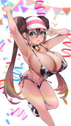 1girls aged_up alternate_breast_size aqua_eyes blush breasts cap cow_bikini cow_print cowbell double_bun eye_contact hat huge_breasts looking_at_viewer nintendo older pokemon pokemon_bw pokemon_bw2 rosa_(pokemon) standing sumisumii thick_thighs thighs twintails