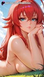 1girls 2025 ai_assisted ai_generated anime artist_name big_breasts blue_sky breasts bust busty cloud explicit female head_rest hi_res high_quality high_resolution high_school_dxd highres large_breasts long_hair looking_at_viewer lying lying_on_stomach on_stomach outdoors patreon patreon_username prone_position red_hair rias_gremory sky skypassion solo stable_diffusion watermark