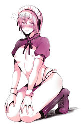 1boy all_out!! blush crop_top crossdressing e_(remix99) embarrassed femboy frilled_panties frills hands_on_knees knee_boots kneehighs looking_at_viewer maid_headdress male_only nipples on_knees panties partially_clothed pecs puffy_sleeves smile solo_male sumiaki_iwashimizu toned toned_male trap