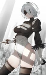1girls 2d 2d_(artwork) 2d_artwork adult adult_female belly belly_button big_breasts black_blindfold black_crop_top black_gloves black_hairband black_legwear black_stockings black_thigh_highs black_thighhighs blade blindfold blindfolded blindfolded_female blurred_background blurry_background breasts busty busty_female crop_top curvaceous curvaceous_body curvaceous_female curvaceous_figure curvaceous_hips curvaceous_thighs curvy curvy_body curvy_female curvy_figure curvy_hips curvy_thighs digital digital_art digital_drawing digital_drawing_(artwork) digital_media digital_media_(artwork) female female_focus female_only gloves groin hairband high_resolution highres hourglass_figure inguinal_crease inguinal_ligament large_boobs large_breasts lean_figure legwear mature mature_female midriff mole mole_under_mouth narrow_waist navel nier nier:_automata pigone plump_breasts short_hair shoulders skindentation slender_body slender_waist slim_waist solo standing stockings sword thick_thighs thigh_gap thigh_highs thighhighs thighs upper_body weapon white-haired_female white_background white_eyebrows white_hair wide_hips yorha_2b