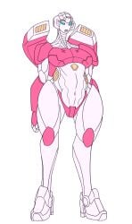 1girls arcee arcee_(g1) big_breasts breasts exposed_stomach female heels high_heels long_legs long_neck no_nose noseless pudge solo solo_female solo_focus stomach thewatcherofworlds thick_thighs thong transformers transformers_g1