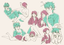 2girls ananapplecat breast_grab breasts breasts_out drunk female genderswap_(mtf) gintama groping hair_over_one_eye headphones kawakami_bansai kimono kiseru nude nude_female pipe restricted_palette rule_63 short_hair sketch sketch_page smoking sunglasses takasugi_shinsuke yuri