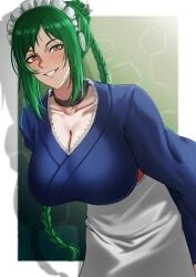 android big_breasts blush braid braided_hair braided_ponytail breasts brown_eyes choker cleavage fax61209 female female_only fully_clothed gintama green_hair hanging_breasts headphones huge_breasts kimono long_hair looking_at_viewer maid_headdress pale-skinned_female pale_skin robot_girl sagging_breasts single_braid solo tama_(gintama)