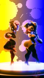2girls 3d big_breasts blender_(artwork) blue_background blue_tentacles bottomless_female breasts bubble_butt bunnysuit dark-skinned_female fan fangs female fishnet_stockings frye_(splatoon) frye_onaga hair_ornament heels idiotboxangel inkling_girl light-skinned_female mask_on_head nintendo octoling_girl red_eyes shiver_(splatoon) shiver_hohojiro splatoon splatoon_(series) split_color thick_ass thick_legs yellow_background yellow_eyes yellow_tentacles