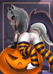 1girls anthro anus ass canid canid_demon clothing female female_only fur furry furry_only halloween handwear helluva_boss hi_res jizoku legwear looking_at_viewer looking_back loona_(helluva_boss) mostly_nude nude pumpkin pussy solo tail