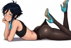 1boy absurd_res absurdres ai_generated aqua_eyes ass blue_eyes blue_hair braid braided_twintails bubble_butt clothed clothed_male femboy femboy_only fishnet_pantyhose fishnets genshin_impact gradient_hair grin heels high_heels high_resolution highres lace_pantyhose_hooked_on_heel_(meme) light-skinned_femboy light-skinned_male light_skin looking_at_viewer male male_only meme non-nude on_stomach otoko_no_ko pantyhose parted_lips pumps raleu10 shoes solo sports_bra teal_hair thick_ass two-tone_hair venti_(genshin_impact) white_background