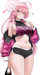 1girls artist_request big_breasts blue_archive breasts carrying_bag clothing dolphin_shorts female female_only halo hanako_(blue_archive) jacket licking_popsicle plastic_bag popsicle sideboob sweaty_body thick_thighs trinity_general_school_student