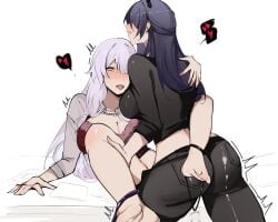 2girls absurdres acheron_(honkai:_star_rail) alternate_costume arnkun black_pants black_shirt black_swan_(honkai:_star_rail) bra breasts cleavage cowboy_shot female from_behind futa_with_female futanari grey_shirt hair_ornament hair_over_one_eye hand_on_another&#039;s_shoulder hand_up heart highres honkai:_star_rail honkai_(series) intersex jewelry large_breasts long_hair long_sleeves looking_at_another looking_up multiple_females multiple_girls necklace on_table open_clothes open_mouth open_shirt pants paper pearl_necklace pink_eyes purple_hair pussy red_bra sex shirt sidelocks simple_background standing table teeth trembling underwear vaginal_penetration white_background