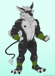 3_toes 5_fingers abs ankle_wraps anthro areola arm_tuft armpit_hair artist_name balls bandai_namco bara barazoku beard biceps biped black_areola black_claws black_finger_claws black_nipples black_nose black_toe_claws blue_eyes body_hair braided_hair braided_ponytail canid canine chest_hair claws closed_smile deltoids digimon digimon_(species) digit_ring digital_drawing_(artwork) digital_media_(artwork) dipstick_ears ear_markings elbow_tuft facial_hair fangs feet finger_claws finger_ring fingerless_(marking) fingers fist flaccid flat_colors foreskin full-length_portrait fur genitals gold_ring green_wraps grey_beard grey_body grey_facial_hair grey_fur grey_hair grey_mane grey_stripes hair hairy_balls hand_on_hip hand_on_own_hip happy_trail hi_res humanoid_genitalia humanoid_hands humanoid_penis jewelry long_hair looking_at_viewer male male_anthro mane manly markings mature_anthro mature_male mouth_closed multicolored_body multicolored_ears multicolored_fur muscular muscular_anthro muscular_male navel nipples nude nude_anthro nude_male overbite patreon patreon_logo patreon_username pecs penis plantigrade ponytail portrait pubes simple_background smile smiling_at_viewer solo spelunker_sal standing striped_body striped_fur striped_markings striped_tail stripes tail tail_markings tail_tuft teeth text three-quarter_view toe_claws toeless_(marking) toes triceps tuft uncircumcised underbite unretracted_foreskin vein veiny_penis weregarurumon wraps wrist_wraps
